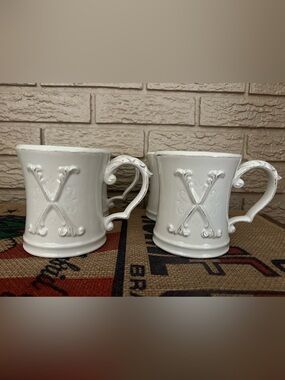 Pier 1 White Embossed Monogram X Ceramic Mug set of 4